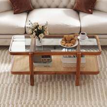 2-Tier Rustic Coffee Table With Storage Tempered Glass Tabletop PE Rattan Shelf Brown - Brun - Visa 2