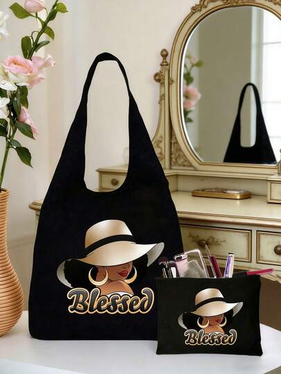 2pcs/Set Women's Tote Bag With Letter Print, Comes With Small Cosmetic Pouch, Minimalist Travel Storage Bag, Makeup Bag, Lightweight Shopping Bag, Multifunctional Storage Bag Suitable For Teacher's Day, Women's Cosmetics Storage, College Dorm Cosmetics Storage, Travel, Gift Bag, Colorful Letter Print Fun Makeup Pouch, Back To School, Best Teacher Gift, Birthday Gift, Mother's Day Gift