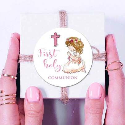 80pcs Amanda Creation Brand First Holy Communion Religious Thank You Stickers, Round Stickers Suitable For Party Gifts, Envelope Seals And Gift Bags, Party Gift Labels