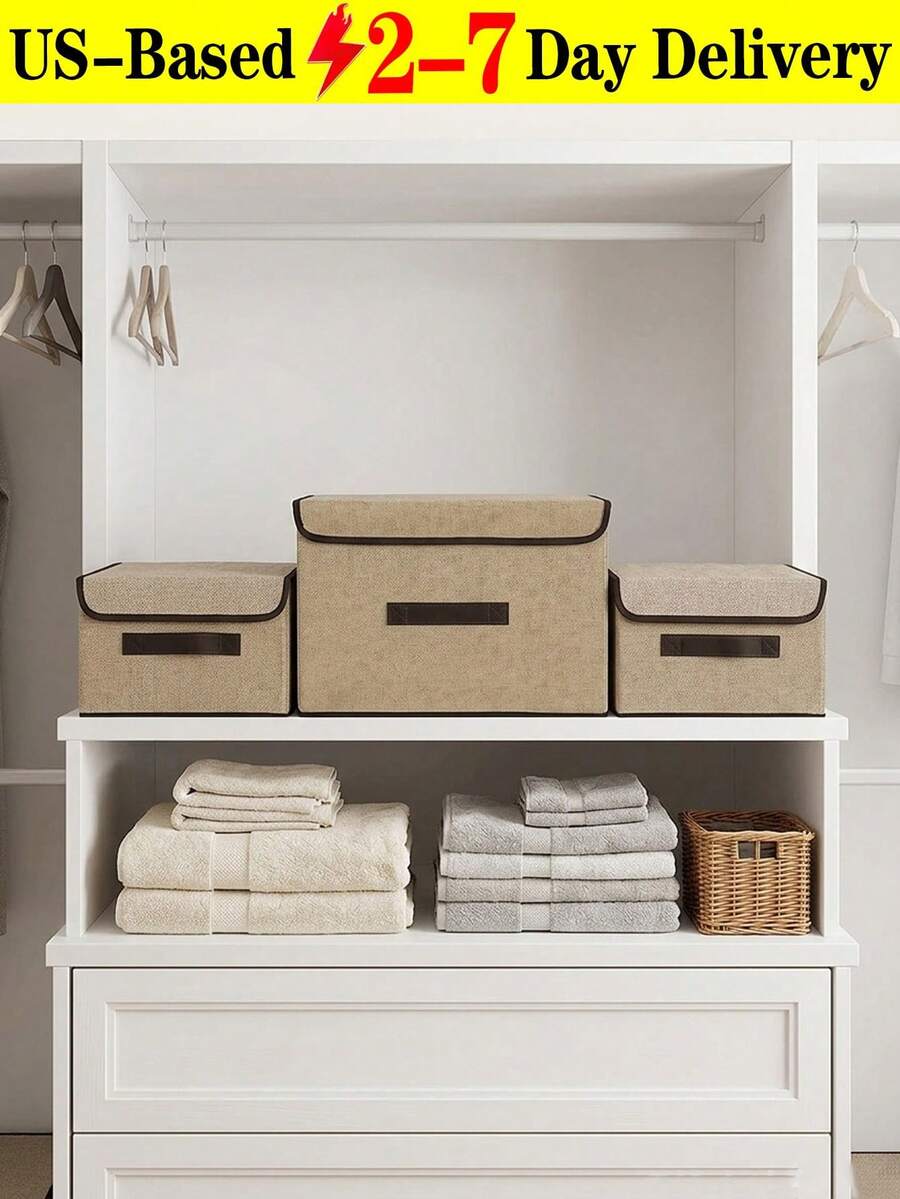 [Delivery Within 2-7 Days In The United States]2pc(Large+Small)Cream Decorative Storage Box Bins With Lid Collapsible Sturdy Organizer Basket Fabric Collapsible Storage Bin, Foldable Storage Box Cube With Lids And Handle Organizer Container For Closet Playroom Bedroom For Home Bedroom Closet Clothes.With Lid And Handle:The Lid And Magic Sticker Sealing Protects Items From Dust And Moisture, And The Handle Makes It Easy To Carry And Move.This Foldable Clothes Storage Box Is Suitable For Homes And Offices And Can Be Used To Store Various Items Such As Clothing, Books, Documents, Toys, Stationery, Etc. They Can Also Be Placed In Cabinets, Wardrobes, Bookshelves, Desks, Etc. For Organization And Organization. - Nhiều màu - Xem 1