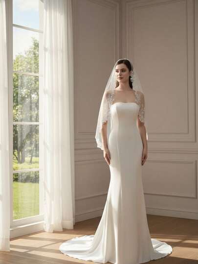 1 chiếc khăn voan cô dâu ren thêu một lớp thiết kế độc đáo, thời trang kèm lược cài tóc, khăn voan dùng trong lễ cưới, phụ kiện chụp ảnh cưới.