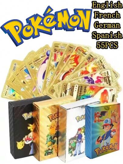 pokemon 55pcs One Box Cards Gold Silver Black Colorful Vmax GX Vstar Spanish English French German Collection Card Toys Gift Card Rare Collection Battle Trainer Gift For Festival & Birthday Gifts
