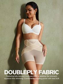 1件装女士塑身连体衣，收腹提臀，网眼短裤内裤 - 杏色 - 查看 5