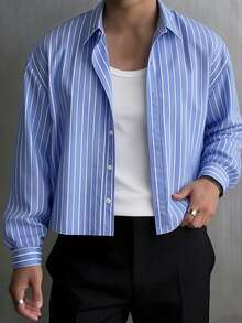 Men's Single-Breasted Casual/Commute Striped Short Sleeve Shirt - Blue - View 2