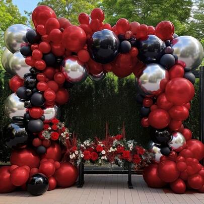 116Pcs Red Black Balloon Arch Garland Kit,With Latex Silver Metallic Balloon Set For Birthday Baby Shower Engagement Movie Night Graduation Anniversary Valentines Day Party Decor.