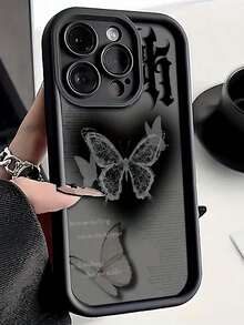 1个黑色英文蝴蝶阴影图案全覆盖TPU防震手机壳，兼容苹果7P XR 11 12 13 14 15 16 Pro Max 17 Pro Max 17 Pro Air 17 S22 S23 S24 S25 Ultra A13 A14 A15 A16 A53 A54 A55等系列，防水防摔防刮。 - 黑色 - 查看 5