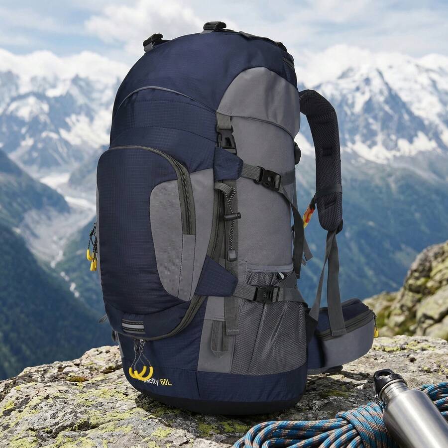 60L Waterproof Backpack MultiFunctional Backpack For Men Hiking Backpack With Rain Cover Multi Compartments Adjustable Straps Travel Bag For Outdoor Dad Gifts - Blue - View 1