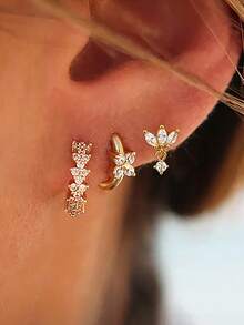 3PCS Fashion Unique Cubic Zirconia Four-Petal Flower Hoop Earring Sets For Women 18K Gold Plated Temperament Stud Earring Cartilage Piercing Jewelry - 3PCS-gold - View 2