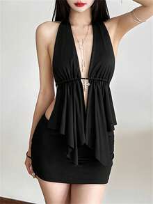 Áo hai dây Kliou Hot Girl dành cho nữ, hở lưng, cổ chữ V sâu, gợi cảm, không tay, thích hợp mặc đi club, đi biển, nghỉ mát, dự tiệc, màu đen. - màu đen - Xem 7