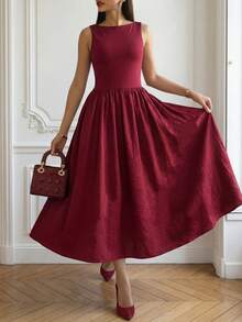 Women's Crew Neck Fitted Long Sleeve Bodycon Dress Summer Elegant - Red - View 5