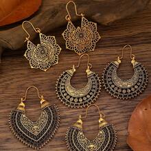 3/4 Pairs Of Fashionable New Vintage Distressed Western-Style Bohemian Hollow Floral Geometric Line Earring Sets Suitable For Women's Daily Wear - 金黃色2 - 查看 2