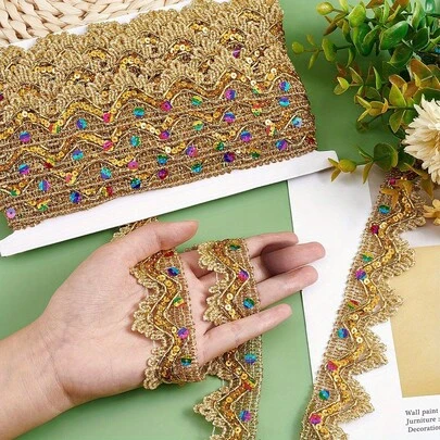 10 Yards Colorful Sequin Gold Lace Trim, Vintage DIY Handcraft Edging, Triangular Metal Lace Ribbon, Suitable For Sewing, Crafting Party Dresses, Hair Accessories, Hats And Bags. 1.5 Inch Wide, Elegant Gold Metal Wave Pattern Satin Ribbon, Applicable For Clothing, Party, Gifts And Home Decor, Gold/Silver Lace Decoration | Metal Decorative Strip, Suitable For Sewing, Clothing Accessories And Home Decor