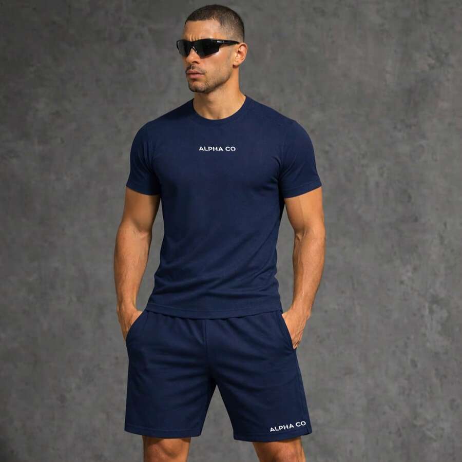 Kit: T-Shirt + Shorts, Tactel Elastane, Men's Dry Fit Bermuda, Alpha Co Lobo Wolf Geometrico, Gym, Original - Màu xanh hải quân - Xem 1