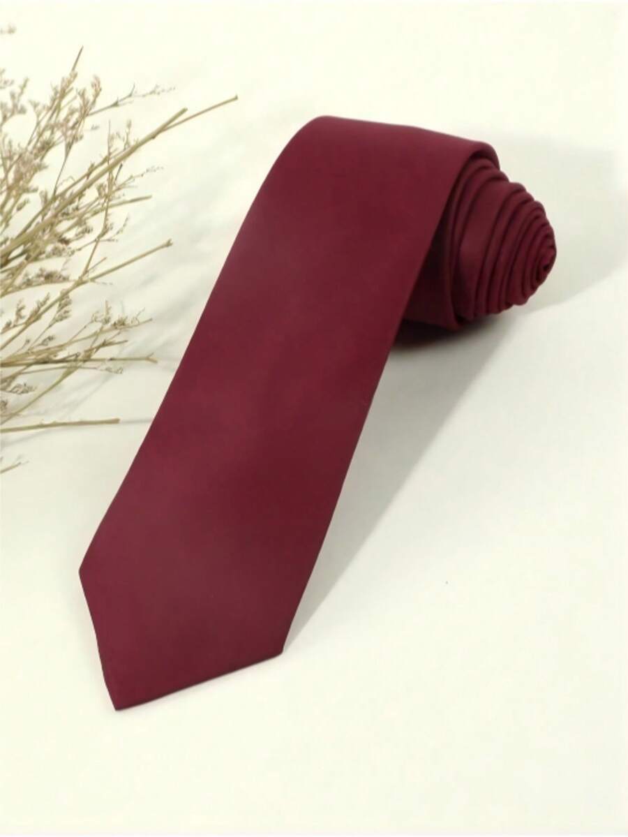1条男士纯色酒红色条纹轻薄领带，适合商务、宴会和日常穿着 - 酒紅色 - 查看 1