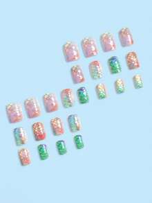 24片装热带岛屿度假风杏仁形美人鱼鳞片3D全息美甲贴纸 - 适合女性和女孩海滩派对、约会、度假、春夏装扮 - 彩色 - 查看 2