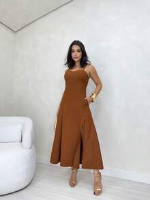 Elegant Strappy Midi Dress With A-Line Cut And Waist Adjustment With Lined Cups - Rust Brown - View 4