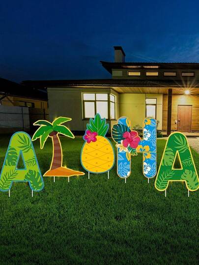 Hawaiian Theme Garden Sign, Aloha Tropical Yard Signs, Outdoor Beach Party Decorations, Coconut Trees, Pineapples, And Hibiscus Flowers 2D Acrylic Plaque Decoration, Perfect For Hawaiian Party Celebrations, Outdoor Lawn And Garden Decorations, Backyard Summer Beach Party Decor, No Electricity