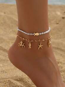 2pcs/Set Summer Ocean Style Faux Pearl Beaded Metal Starfish, Octopus, Seashell, Small Fish Pendant Anklet, Fashion Gold Color Jewelry For Women, Suitable For Daily Outfit, Beach Holiday, Date Wear - Gold - View 1