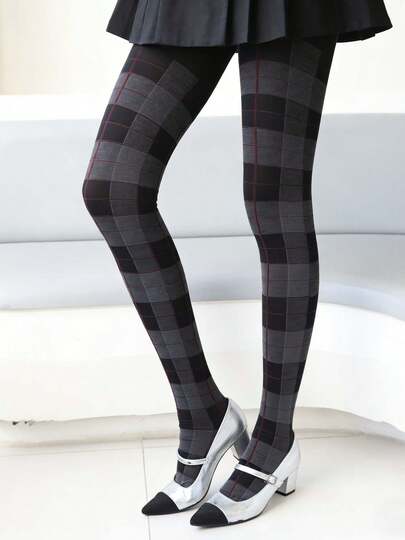 1双女士复古格子连裤袜，英伦风显瘦紧身裤，百搭休闲户外日常穿着，防勾丝，适合春秋季穿着