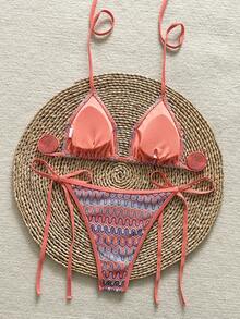 Women's Unique Textured Fabric Bikini Two Pieces Swimsuit, Cute Spaghetti Strap Open Back Design Vacation Beach - Coral Orange - View 3