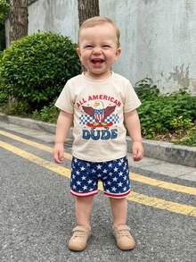 Baby Boy 4th Of July Outfit Toddler Boy Fourth Of July Clothes Memorial Usa American Flag Shirt Shorts Set - Màu be - Xem 2
