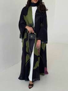 Hafizah 2pcs Modest Vintage Floral Pattern Loose Cardigan Robe With Headscarf Black Vacation Fall - Black - View 7