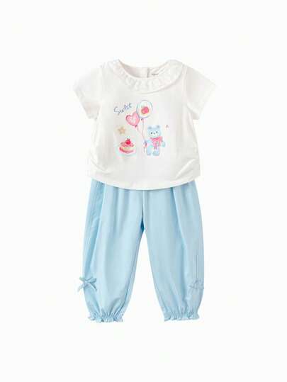 Balabala Young Girl Girls Short Sleeve Ruffle Collar Top And Bow-Knot Hem Casual Pants Two Pieces Summer Outfit
