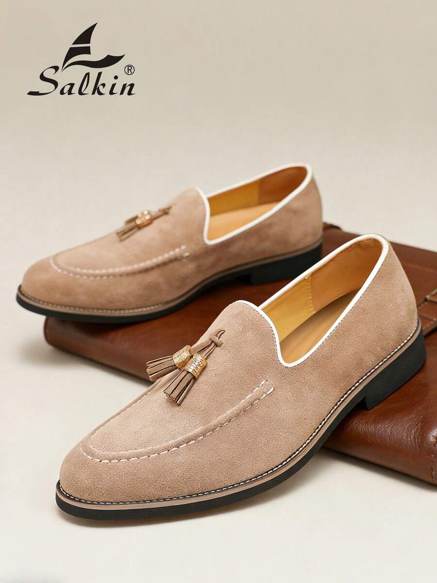Salkin 经典复古风格男士流苏乐福鞋,仿麂皮一脚蹬正装鞋,优雅绅士正装鞋,价格实惠的高端感觉,纯色简约商务/社交鞋,舒适柔软鞋面,适合中年、青年、学生、毕业典礼、学院风、办公室、派对、婚礼、新郎鞋、节日礼物、日常休闲男鞋,春/夏/秋季,加大码,尺码偏大,建议订购小一码的正装/商务正装 - 米色 - 查看 1