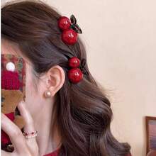 1-2个安库拉红色樱桃发夹，精致优雅的侧刘海/马尾发夹，发饰 - 彩色 - 查看 2