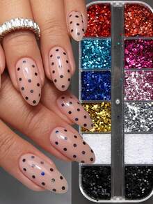 1 pieza Super Mini Brillo de Uñas con Lunares, Polvo Láser Negro, Brillo Fino, Color Lino, Materiales de Arte de Uñas con Brillo Fino, Suministros de Arte de Uñas, Decoraciones de Arte de Uñas, Gemas de Uñas, Manicura Francesa, Día de San Valentín, Accesorios de Arte de Uñas, Encantos de Uñas - Multicolor - Ver 11