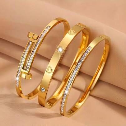 3pcs/Set Fashionable Luxury Rhinestone Stainless Steel Bangle Set, Vacuum Electroplated Anti-Fading Anti-Allergy Bracelet, Suitable For Women's Daily Wear And Various Occasions