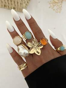 7pcs Vintage Elegant Bohemian Casual Women's Baroque Irregular Pearl Colorful Gemstone Flower Line Water Drop Heart Open Ring Set, Suitable For Women's Daily, Party, Beach, Date And Other Occasions, Perfect Gift Choice For Holidays - Gold - View 2