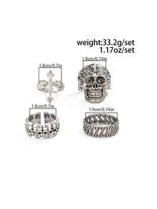 Set de 4 anillos de calavera y cruz punk, accesorios encantadores para el atuendo de fiesta de hombres - Plata antigua - Ver 5