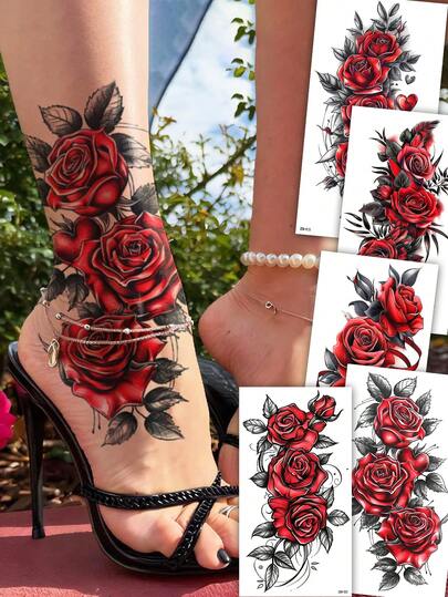 5pcs Temporary Red Rose Tattoo Stickers, Suitable For Arms And Legs, Waterproof And Sweatproof, Easy To Use, Sexy Dancer Chest And Thigh Design, Ideal For Women Temporary Tattoos