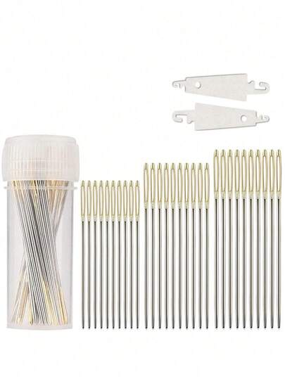32pcs Gold Color Cross Stitch Needle Set, Includes 30pcs Needles And 2pcs Needle Threaders, Gold Tip Embroidery Needles Sewing Needles For Handcraft DIY Sewing Tools
