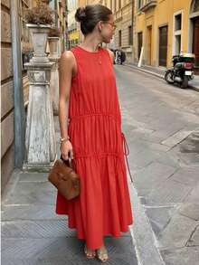 ZAHM 2026夏季红色无袖连衣裙，休闲宽松褶皱抽绳沙滩裙，优雅度假长吊带裙 - 紅色 - 查看 3