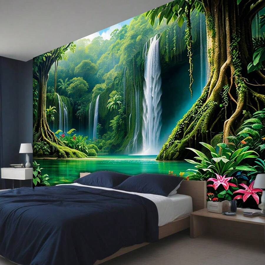[2D Flat Banner] 1pc Jungle Oasis Backdrop, Polyester Wall Cloth With Waterfall And Tree Canopy, Vibrant Natural Scene Suitable For Zen - 12 - View 1