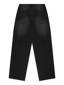 NVFelix 女士宽松直筒牛仔裤，做旧设计，复古优雅休闲日常穿搭，Y2K街头风，适合春夏穿着，黑色 - 黑色 - 查看 9