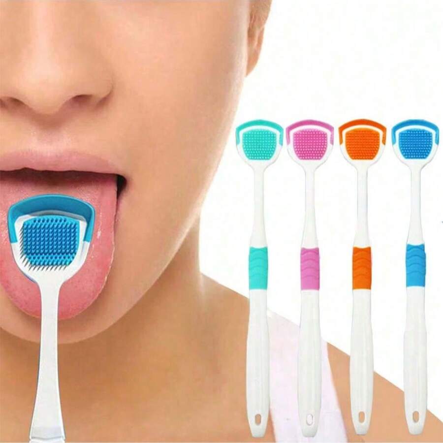 Bộ 1/4 dụng cụ làm sạch lưỡi hai mặt, bàn chải silicon mềm mại và dụng cụ cạo cong giúp loại bỏ mảng bám trên lưỡi hiệu quả và làm thơm miệng. - Nhiều màu - Xem 1