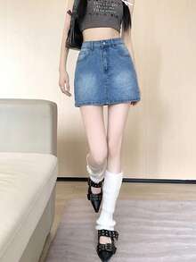 中腰蓝色休闲A字修身牛仔迷你裙，适合夏季日常穿着。 - 藍色 - 查看 7