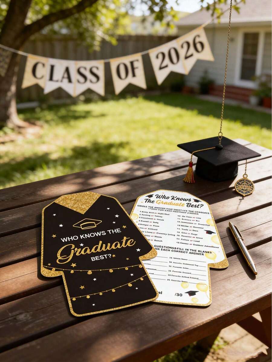 谁最了解毕业生？毕业派对游戏卡片，5 包金色闪光毕业帽设计，2026 届毕业派对用品，2026 届毕业，毕业礼物 - 多色 - 查看 1