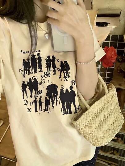 女士休闲人像印花短袖T恤，舒适百搭，适合日常穿着，春夏款