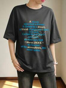 Women's Round Neck Short Sleeve T-Shirt, Summer New Digital Pattern And Letter Print, Fashion Casual Versatile Loose Top - Dark Gray - View 2