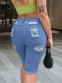 Women's Casual Washed Distressed Skinny Denim Shorts Summer - Light Wash - View 9