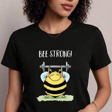 Camiseta con estampado gráfico, manga corta y cuello redondo, top casual para verano y primavera, ropa de mujer- 1pcs, 180Gsm, 100% Cotton - Negro - Ver 4
