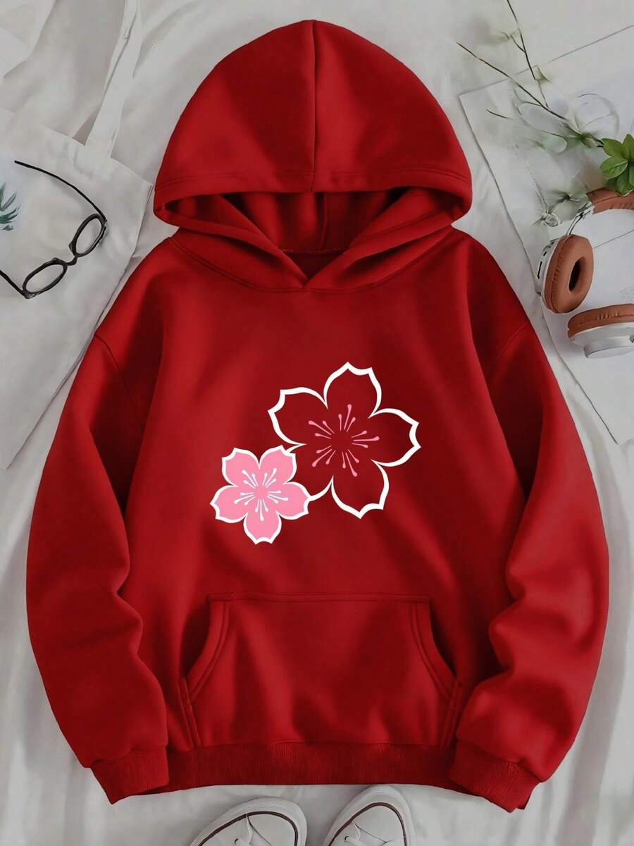 The Pink Floral Print On The Sweatshirt Features A Fresh And Natural Design. This Women's Hooded Sweatshirt With A  Pattern, Printed Letters, And-G112 - 紅色 - 查看 1