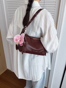 2026新款女士单肩包，小众设计手提包，休闲百搭简约时尚腋下包，舒适PU材质纯色设计，拉链封口，可调节长肩带，容量大，春夏枕形包 - 酒紅色 - 查看 4