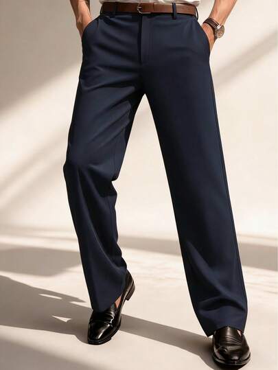 بنطلون رجالي بخصر عالي على الطراز البريطاني الأنيق، قماش مقاوم للتجعد، بتصميم كاجوال مستقيم للربيع والصيف