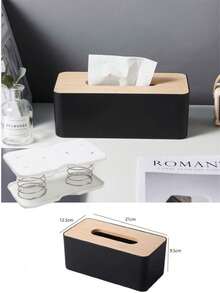 OBOVAY Kotak Tisu dengan Penutup Kayu, Kotak Tisu Kapasitas Besar, Kotak Tisu Plastik Putih Modern Elegan dengan Tutup Flip-Top dan Sudut Membulat, dengan Alas Kotak Tisu Pegas, Cocok untuk Kamar Tidur, Kamar Mandi, Kantor, Ruang Makan, Ruang Tamu, Hari Nasional, Hari Valentine - Hitam dan Putih - View 6