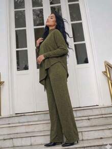 Winter 3-Piece Set, Pants + Blouse + Poncho. Women's Fashion, Warm, Modern, Casual, Afternoon Tea. REF: Alana Set - 軍綠色 - 查看 3